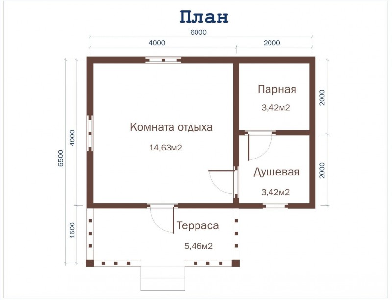 Баня из бруса ББ-14 6 x 6,5 метра